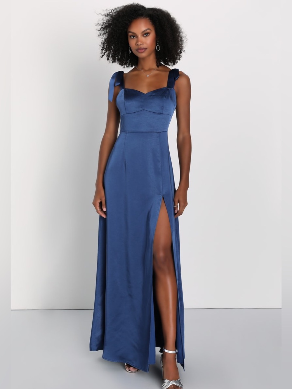 Lulus Effortless Sophistication Navy Blue Satin Tie-Strap Long Maxi Dress Size S